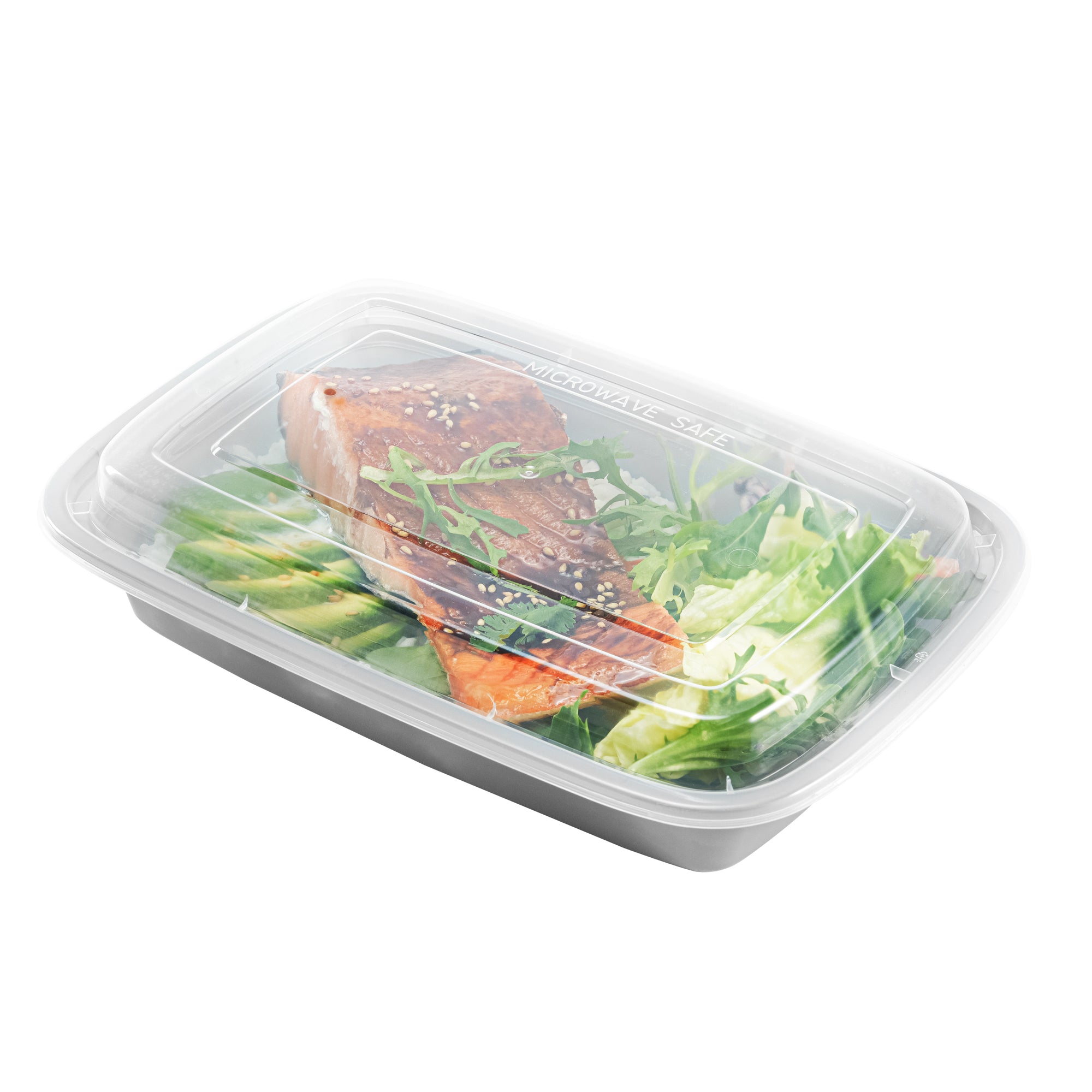 Asporto 28 oz Rectangle Silver Plastic To Go Box - with Clear Lid, Microwavable - 8 3/4" x 6" x 1 1/2" - 100 count box