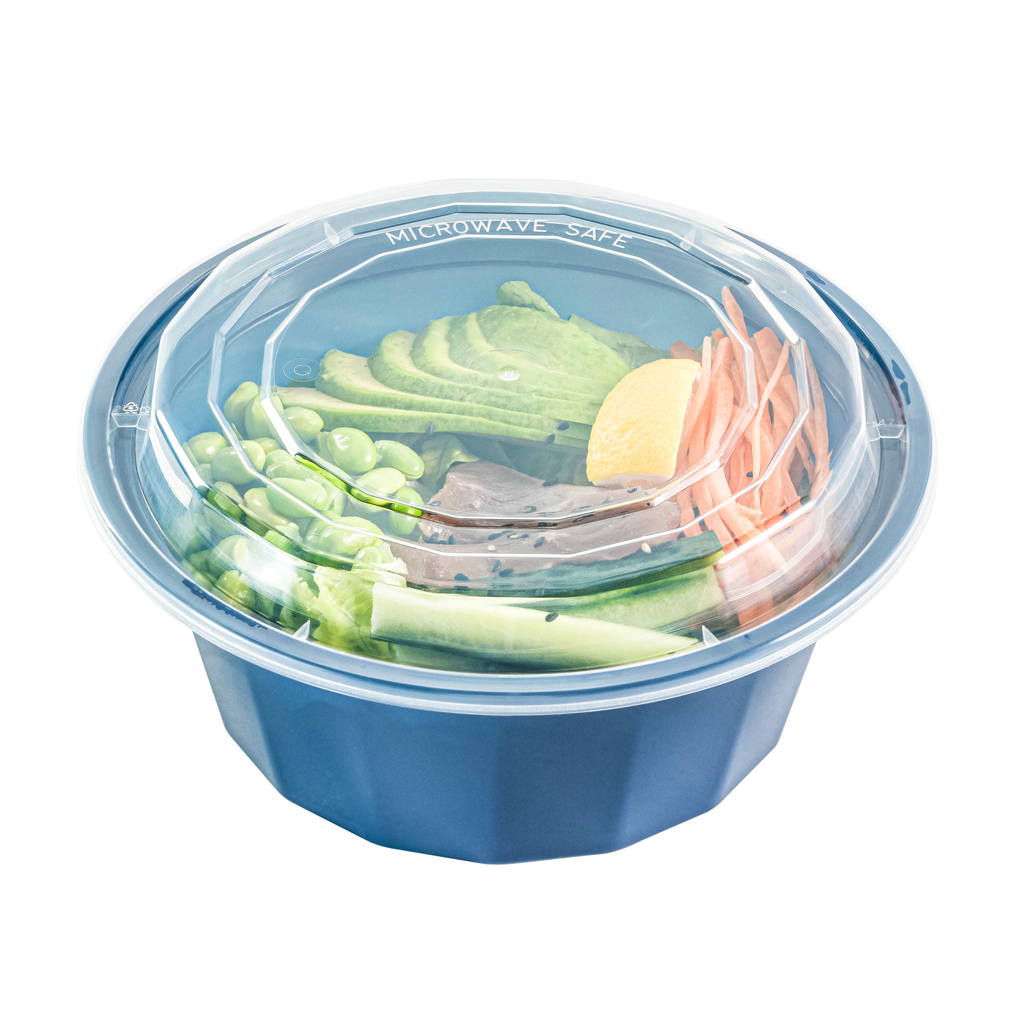 Asporto 32 oz Round Midnight Blue Plastic To Go Box - with Clear Lid, Microwavable - 7 1/4" x 7 1/4" x 3" - 100 count box