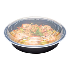 Asporto 48 oz Round Black Plastic To Go Box - with Clear Lid, Microwavable - 9