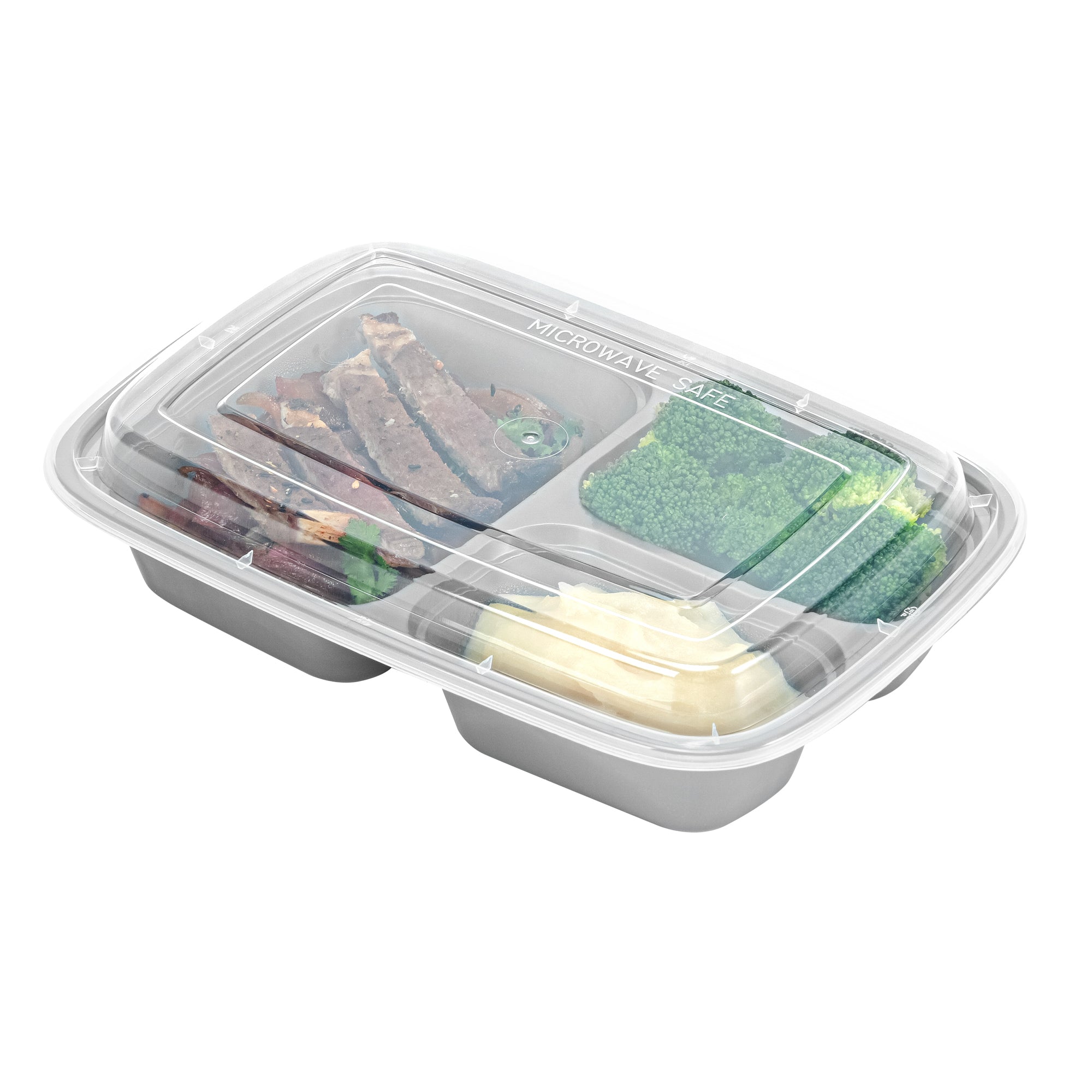 Asporto 26 oz Silver Plastic 3 Compartment Food Container - with Clear Lid, Microwavable - 8 3/4" x 6" x 1 3/4" - 100 count box