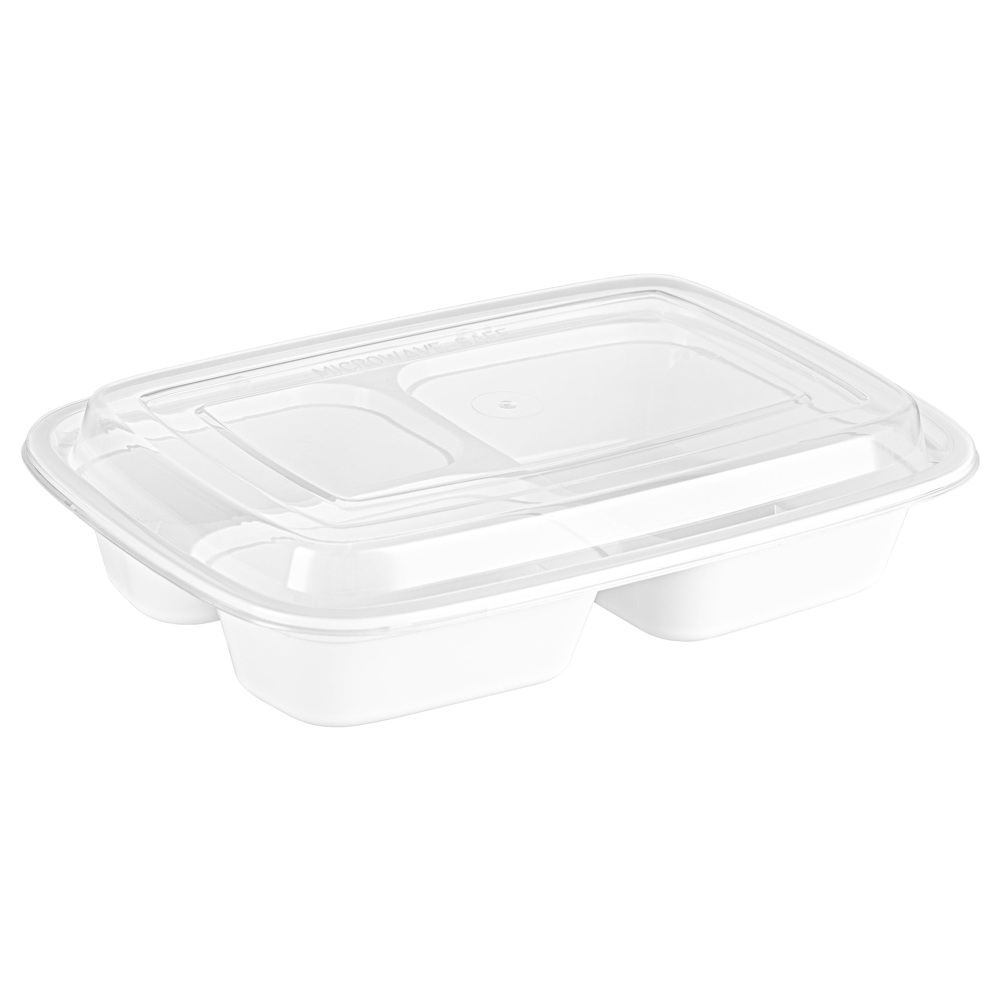 Asporto 26 oz White Plastic 3 Compartment Food Container - with Clear Lid, Microwavable - 8 3/4" x 6" x 1 3/4" - 100 count box