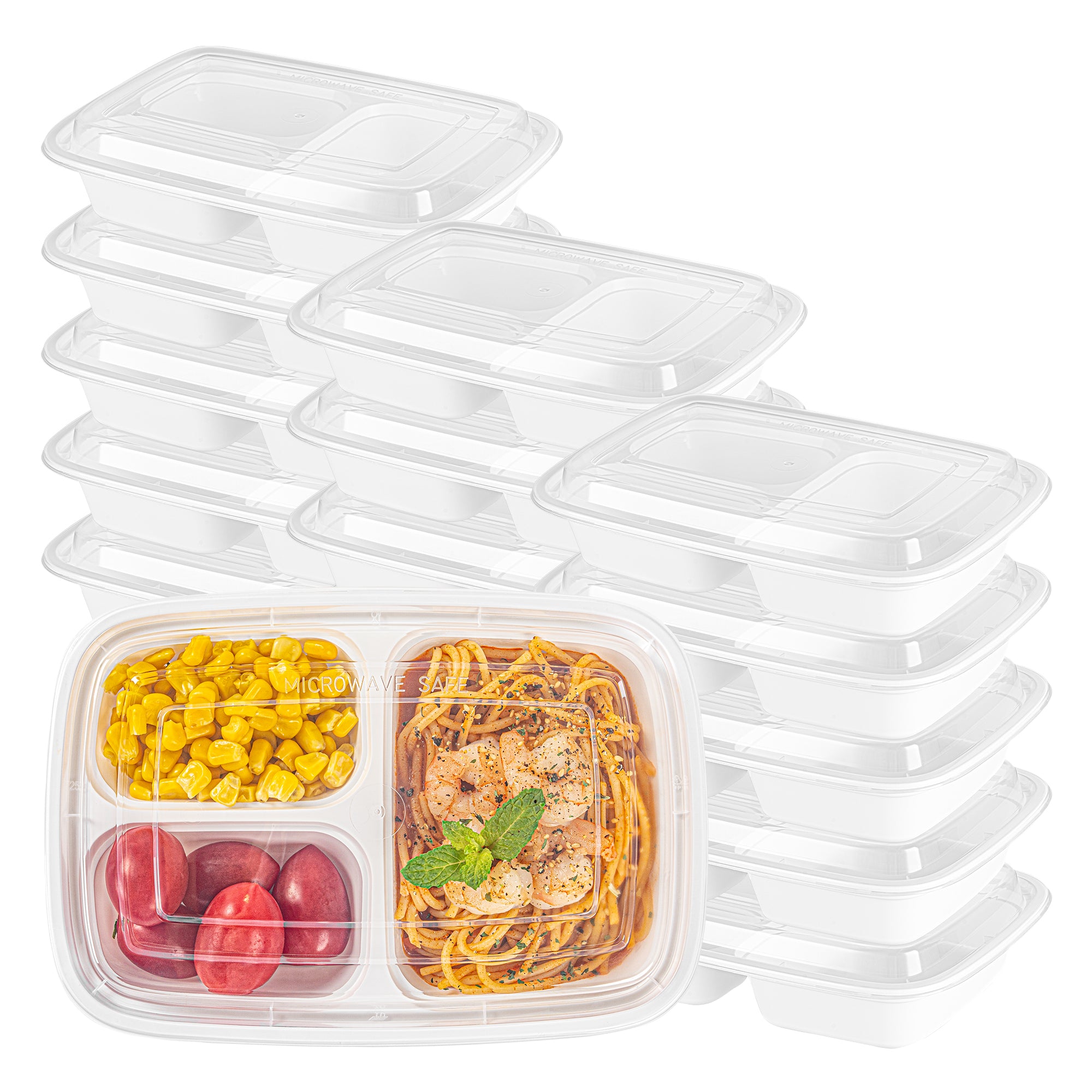 Asporto 26 oz White Plastic 3 Compartment Food Container - with Clear Lid, Microwavable - 8 3/4" x 6" x 1 3/4" - 100 count box