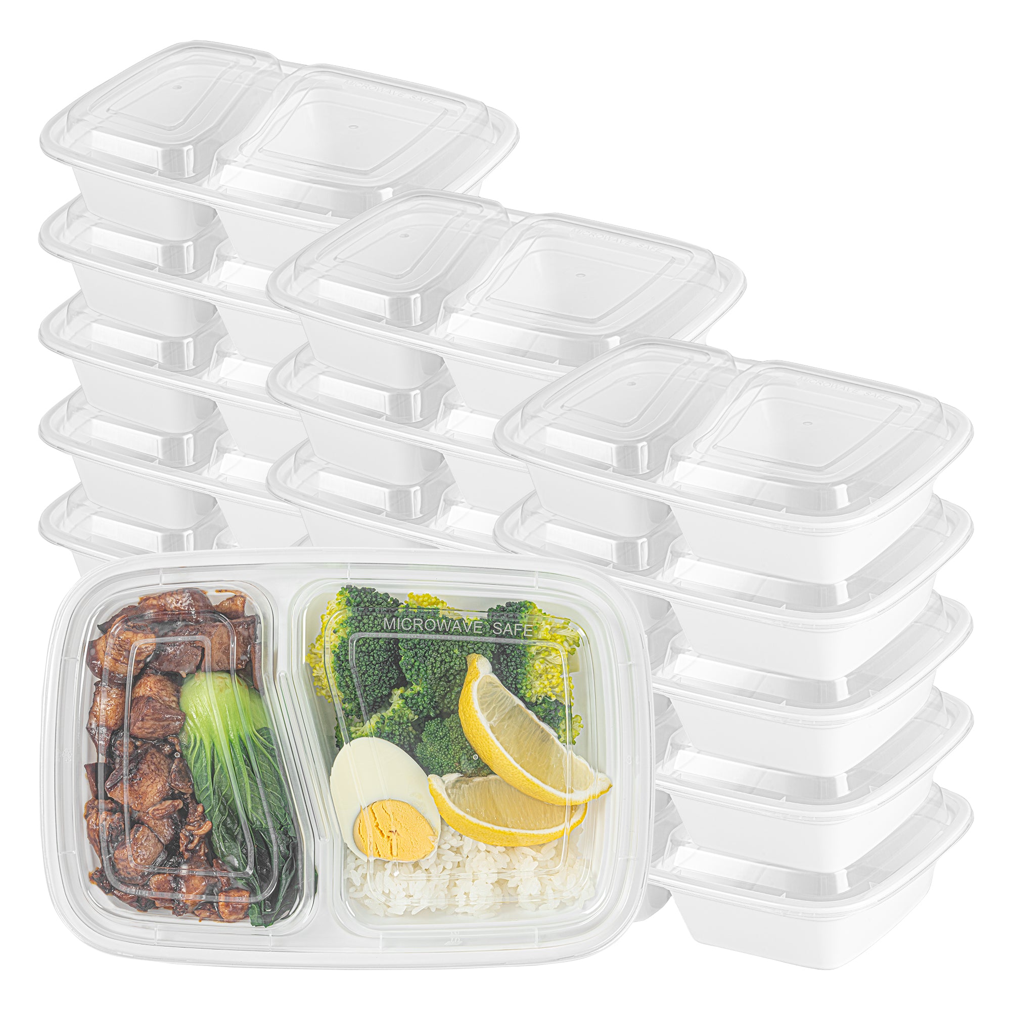 Asporto 32 oz White Plastic 2 Compartment Food Container - with Clear Lid, Microwavable - 8 3/4" x 6" x 2" - 100 count box