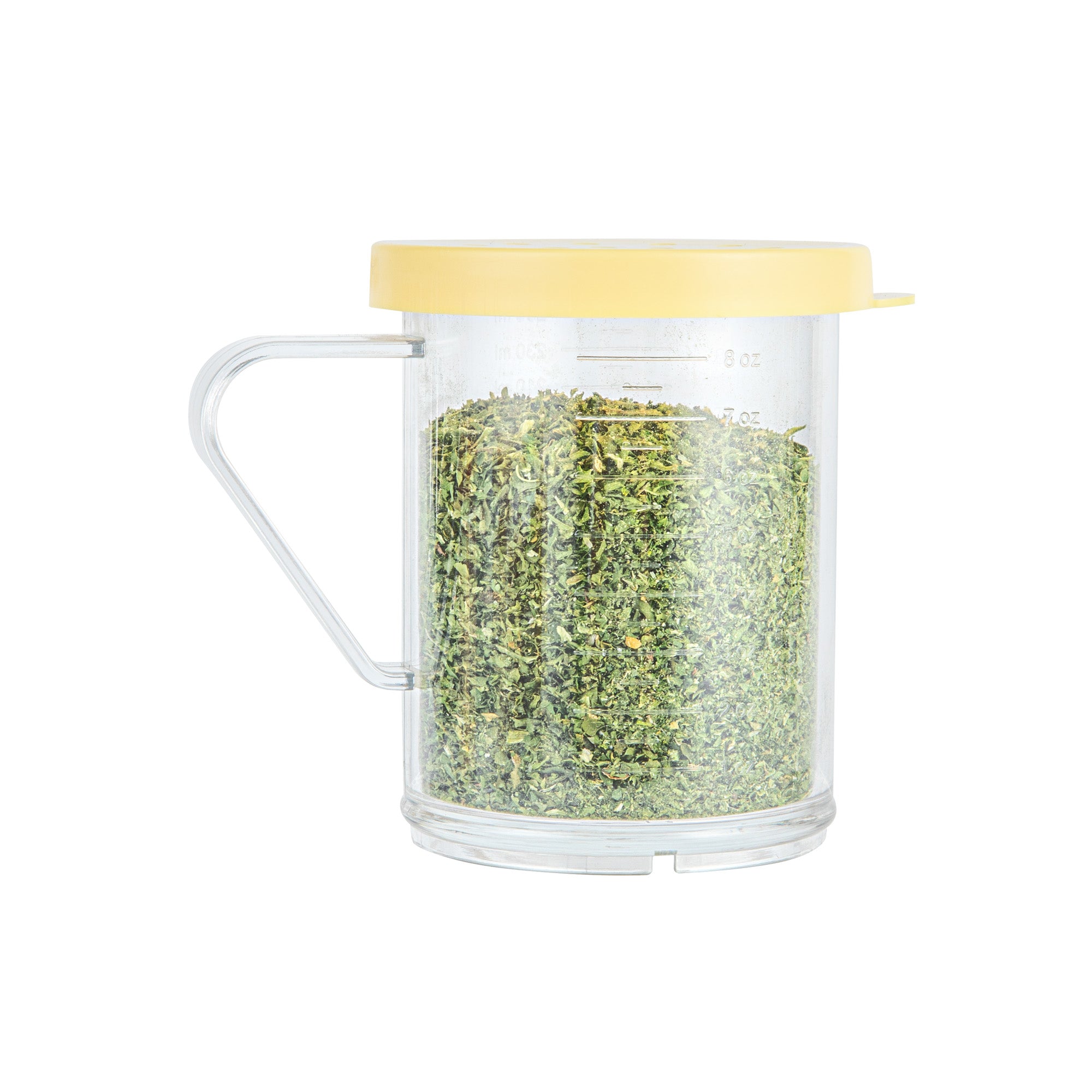 RW Base 10 oz Clear Polycarbonate Dredge Spice Shaker - with Yellow Coarse Lid - 4 3/4" x 3 1/4" x 4" - 1 count box