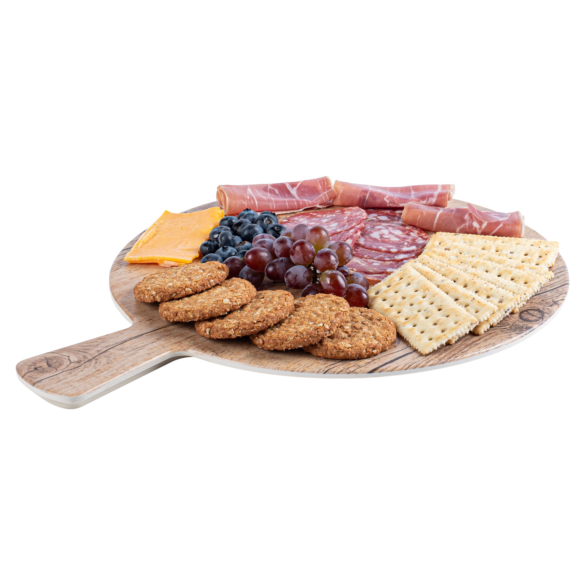 Voga Countryside Round Brown Melamine Serving Board - Faux Wood, with Handle - 16 1/2" x 12 1/2" x 1/2" - 1 count box