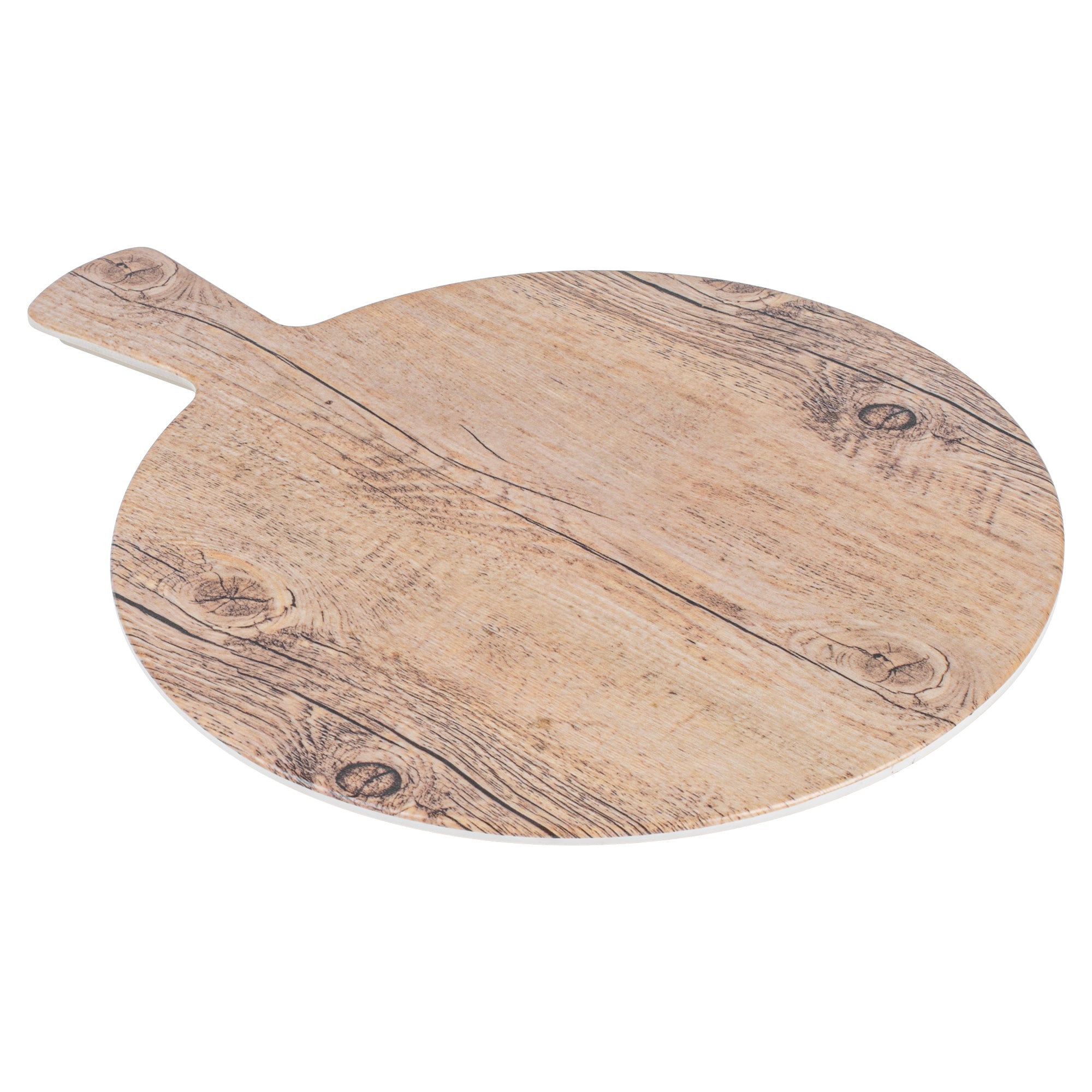 Voga Countryside Round Brown Melamine Serving Board - Faux Wood, with Handle - 16 1/2" x 12 1/2" x 1/2" - 1 count box