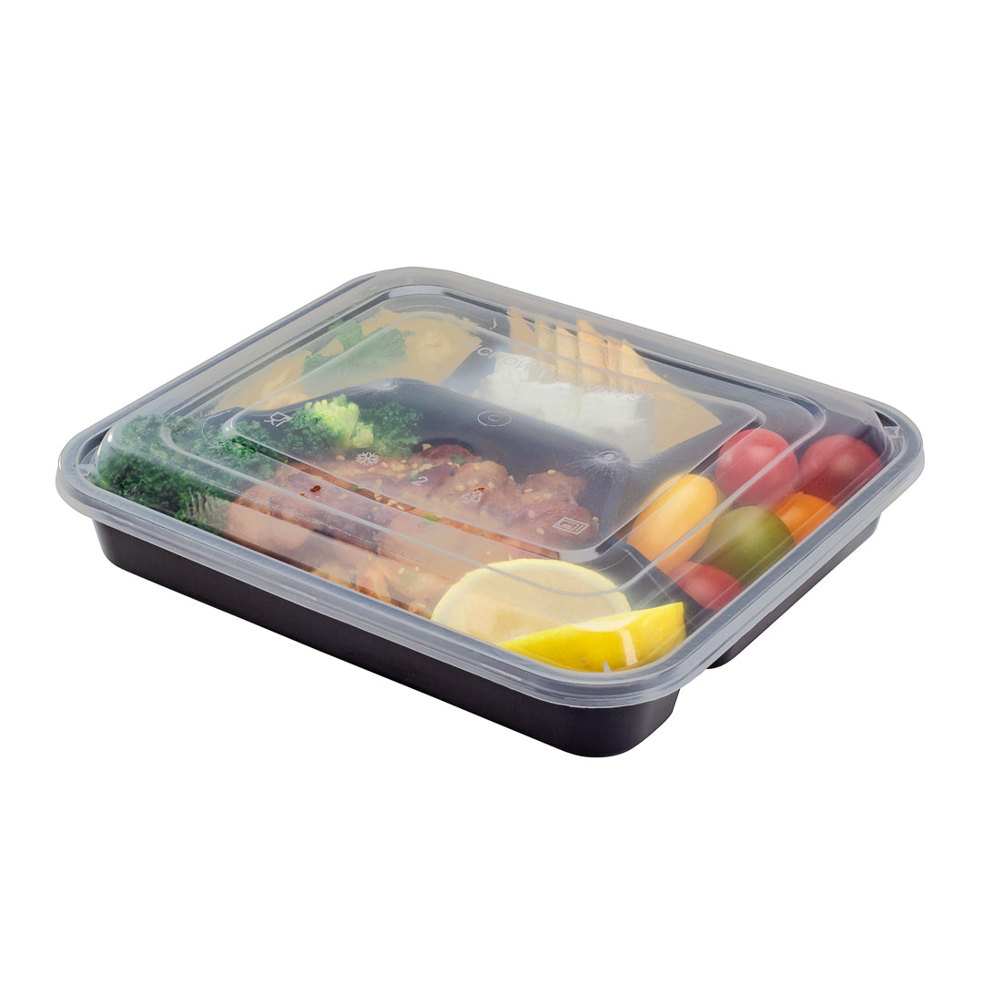 Restaurantware Asporto 34 Ounce Food Containers 100 Microwavable Take Out Food Containers - Clear Plastic Lids Included with 4 Compartments Black