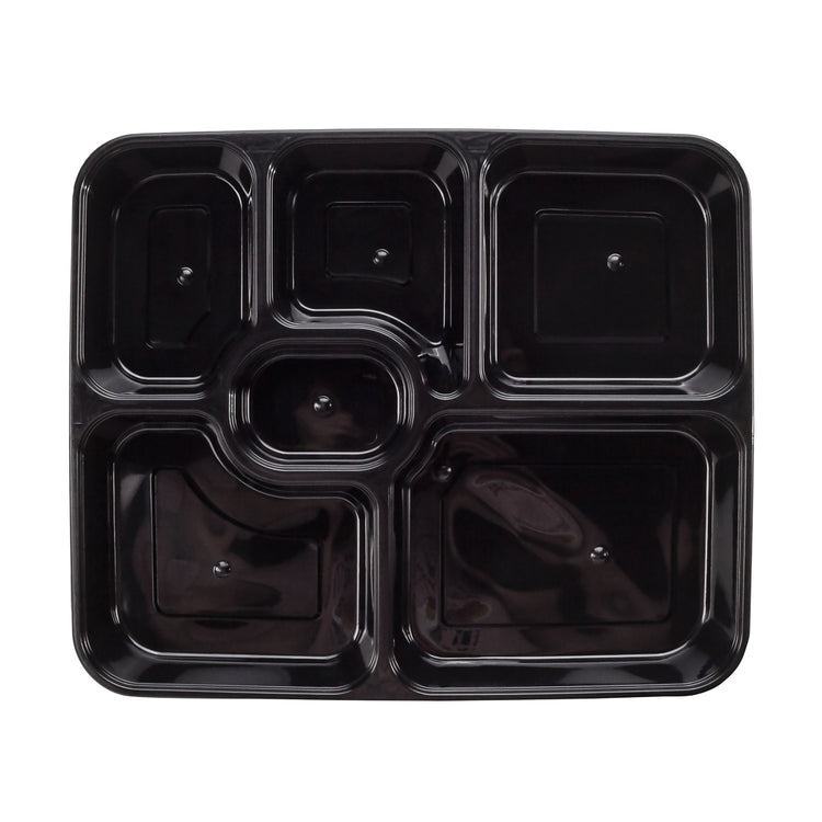 Asporto 53 oz Black Plastic 6 Compartment Food Container - with Clear Lid,  Microwavable - 9 3/4 x 8 1/4 x 1 3/4 - 100 count box