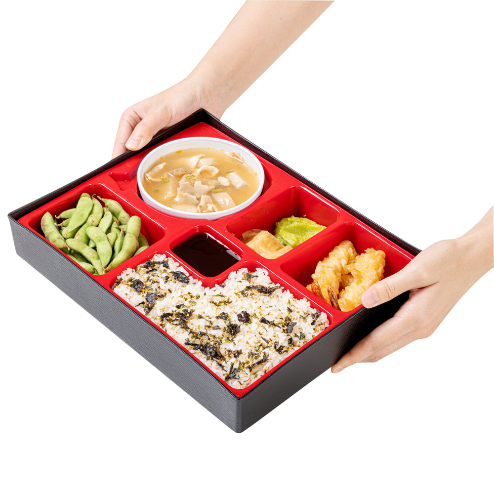 Bento Tek Rectangle Black and Red Large Japanese Style Bento Box - 6  Compartments, with Bowl - 12 1/4