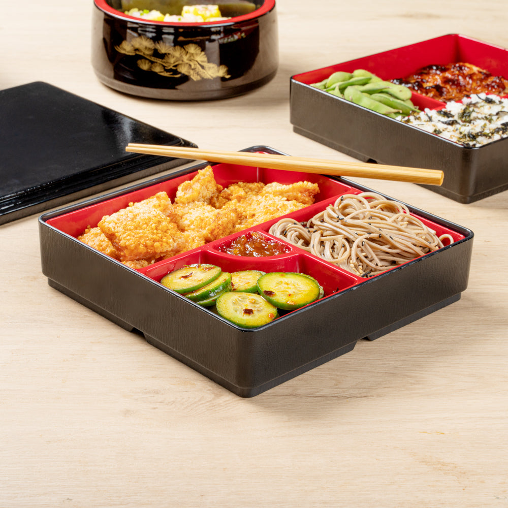Bento Tek Square Black and Red Japanese Style Bento Box - 4 Compartments -  8 1/4
