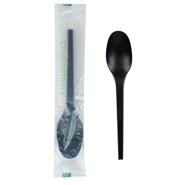 Basic Nature Black CPLA Plastic Spoon - Compostable Wrapper, Heat-Resistant  - 6 1/2 - 250 count box