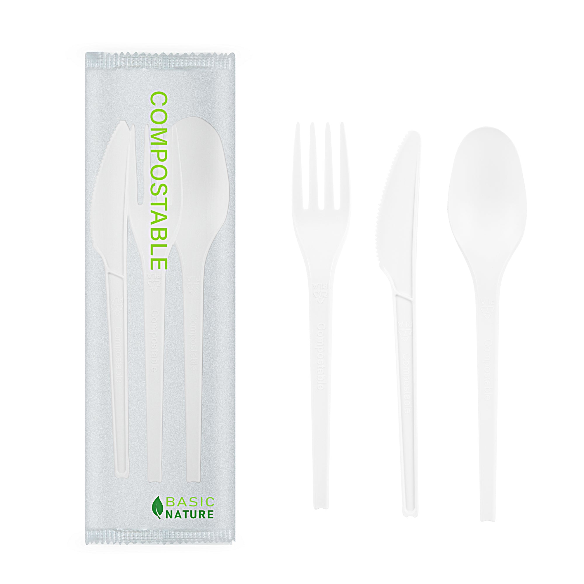 Basic Nature White CPLA Plastic Cutlery Set - Compostable Wrapper, Heat-Resistant - 6 1/2" - 100 count box