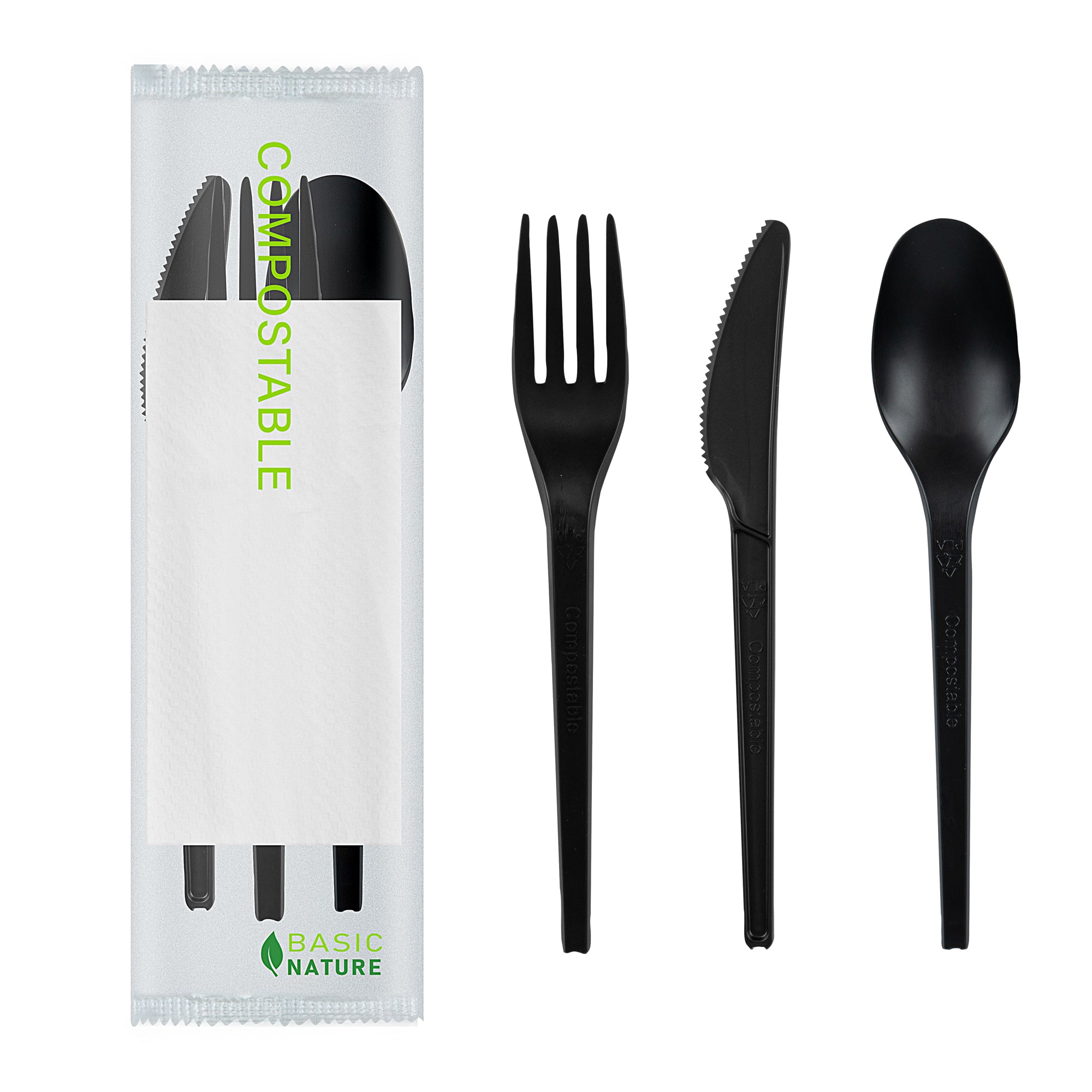 Basic Nature Black CPLA Plastic Cutlery Set - Compostable Wrapper, White Napkin, Heat-Resistant - 6 1/2" - 100 count box