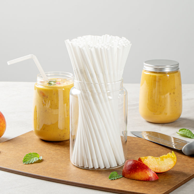 Restaurantware Basic Nature 8.3 inch Disposable Straws 2000 Sustainable Straws - Sturdy Flexible Neck White PLA/PBAT Straws for Hot and Cold Drinks
