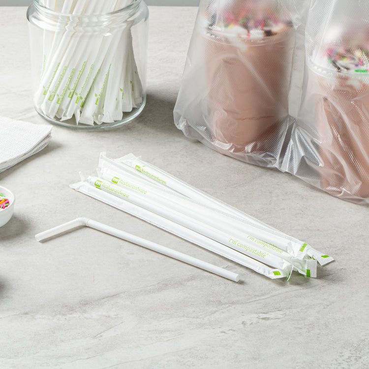 Basic Nature 8.3 inch Disposable Straws, 2000 Sustainable Straws - Wrapped, Flexible Neck, White PLA / PBAT Straws, for Hot and Cold Drinks - Restaura
