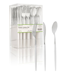 Moderna Silver Plastic Cutlery Set - with White Handle - 7 1/2