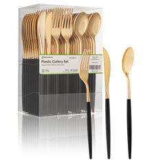 Moderna Gold Plastic Cutlery Set - with Black Handle - 7 1/2