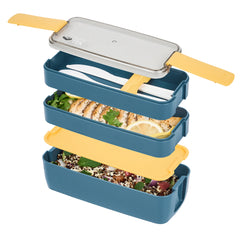 Bento Tek 30 oz Blue and Yellow 3-In-1 Lunch Box - BPA-Free, Microwave-Safe, with Fork and Knife - 7 1/2