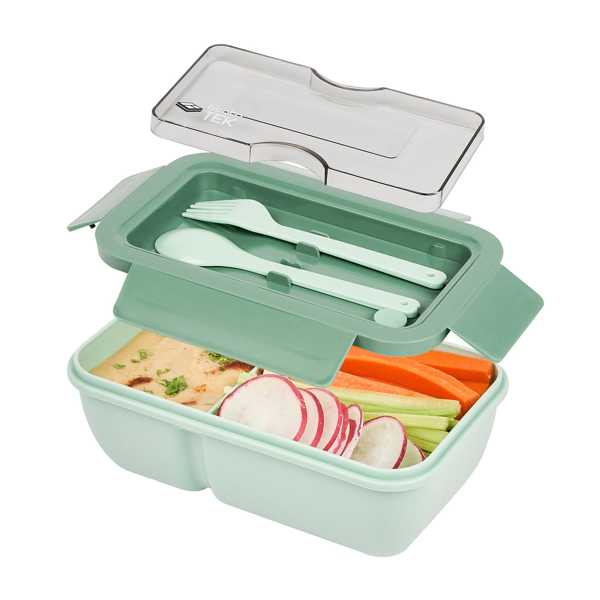 Bento Tek 29 oz Green Lunch Box - BPA-Free, Microwave-Safe, with Fork and Spoon - 7 3/4" x 4 3/4" x 2 3/4" - 1 count box