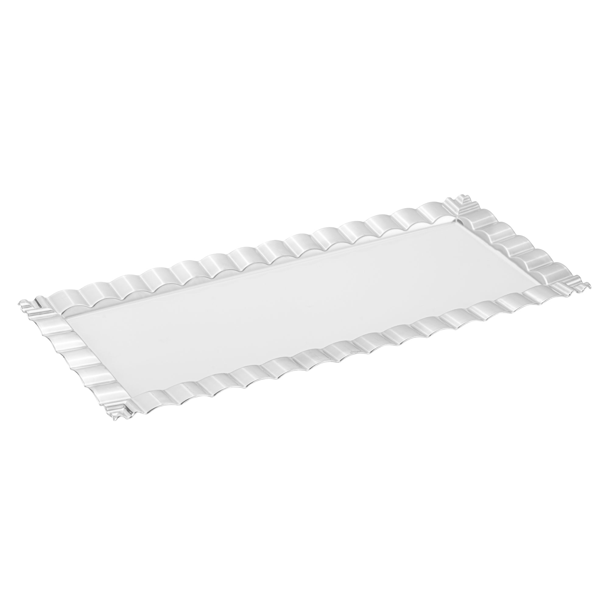 Maxi Serve Rectangle White Plastic Plate - with Silver Ruffled Rim - 14 1/4" x 6 1/4" - 100 count box