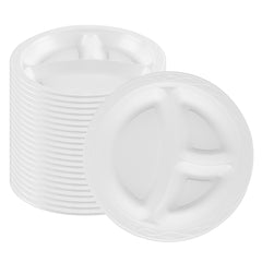 RW Base Round White Plastic Plate - 3 Compartments, Microwavable - 10 1/4