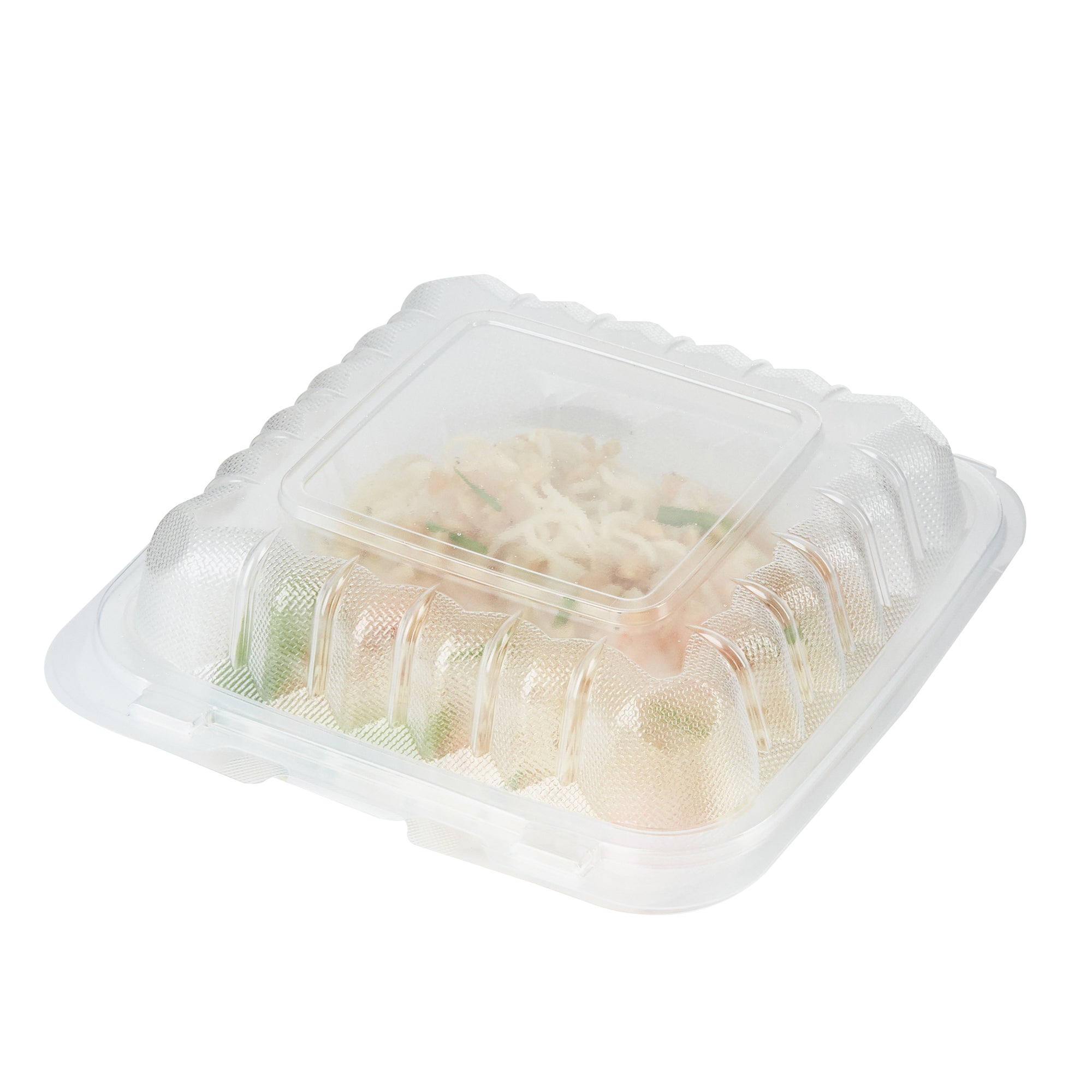 RW Base 30 oz Square Clear Plastic Clamshell Container - Anti-Fog, Microwavable - 7 1/2" x 7 1/2" x 2 3/4" - 100 count box