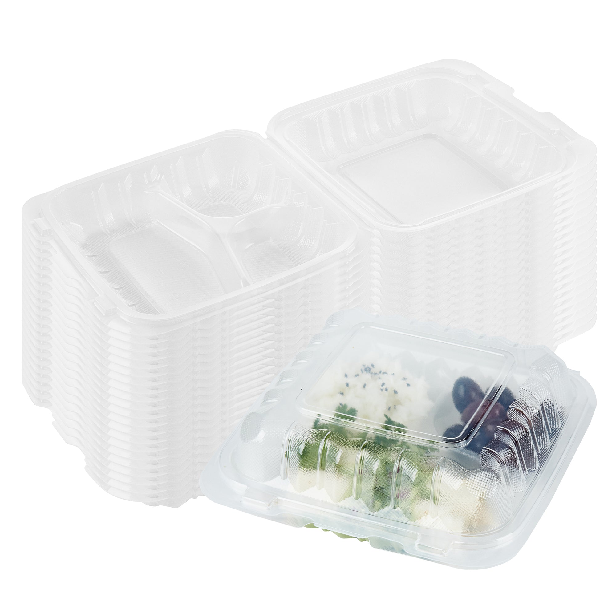 RW Base 30 oz Square Clear Plastic Clamshell Container - 3 Compartments, Microwavable - 7 1/2" x 7 1/2" x 2 3/4" - 100 count box