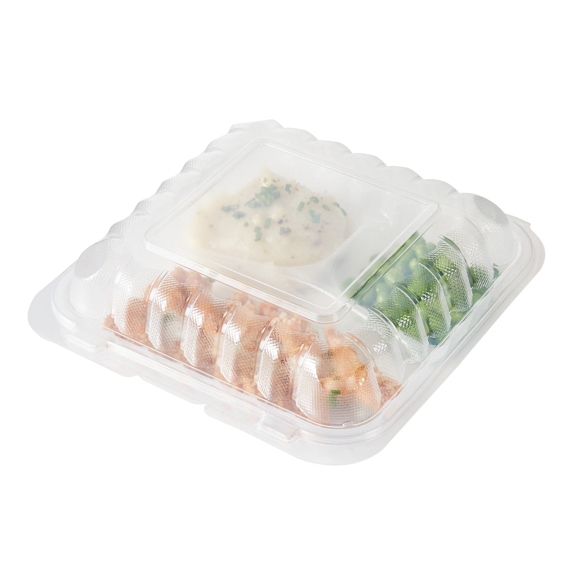 RW Base 34 oz Square Clear Plastic Clamshell Container - 3 Compartments, Microwavable - 8" x 8" x 3" - 100 count box