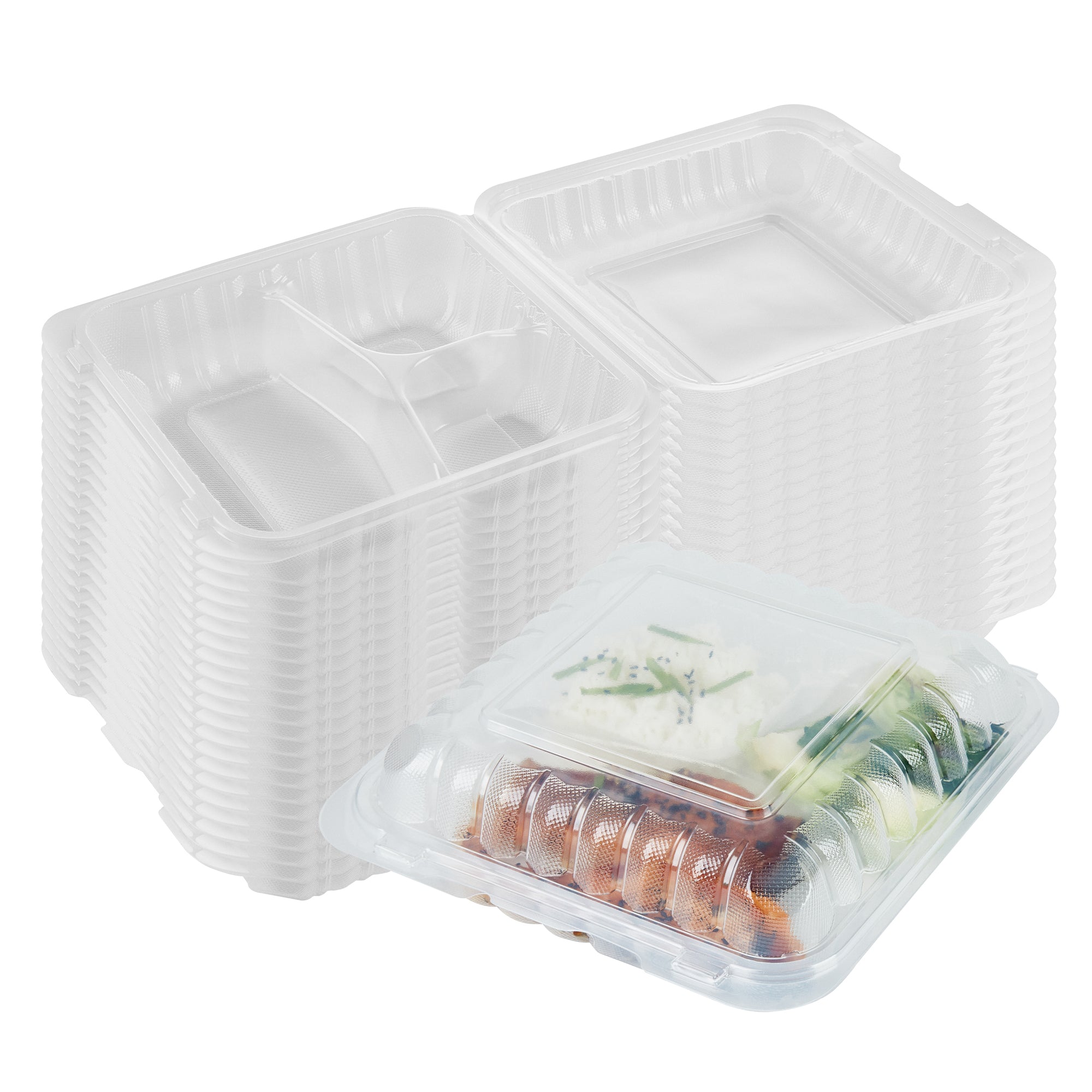 RW Base 40 oz Square Clear Plastic Clamshell Container - 3 Compartments, Microwavable - 9" x 9" x 3" - 100 count box