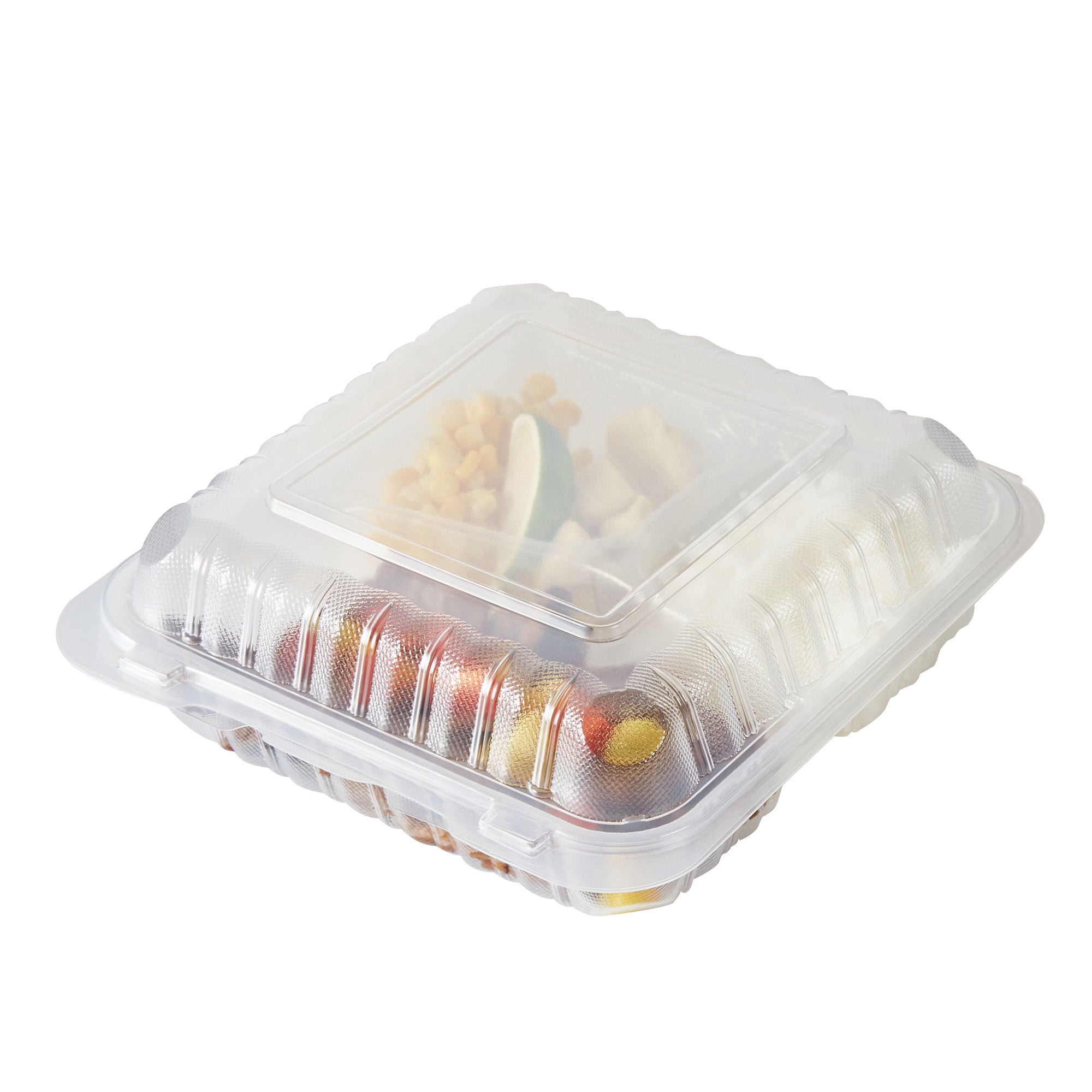 RW Base 47 oz Square Clear Plastic Clamshell Container - 3 Compartments, Microwavable - 9" x 9" x 3 1/2" - 100 count box