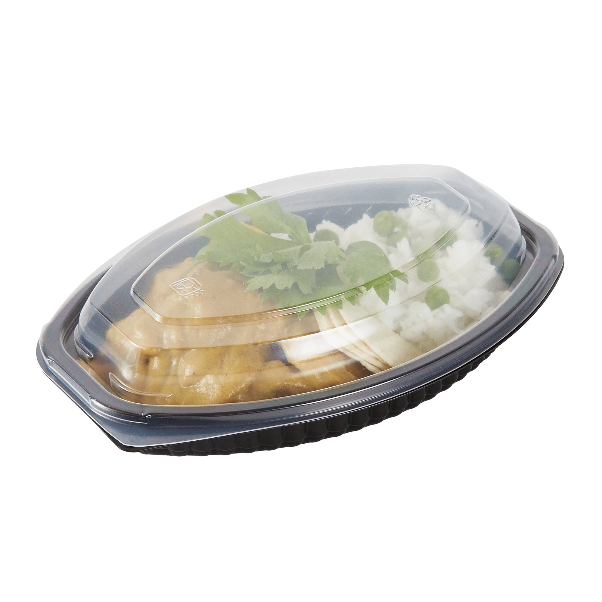 RW Base 12 oz Oval Black Plastic Food Container - with Clear Lid, Microwavable - 8" x 5 1/2" x 2" - 100 count box