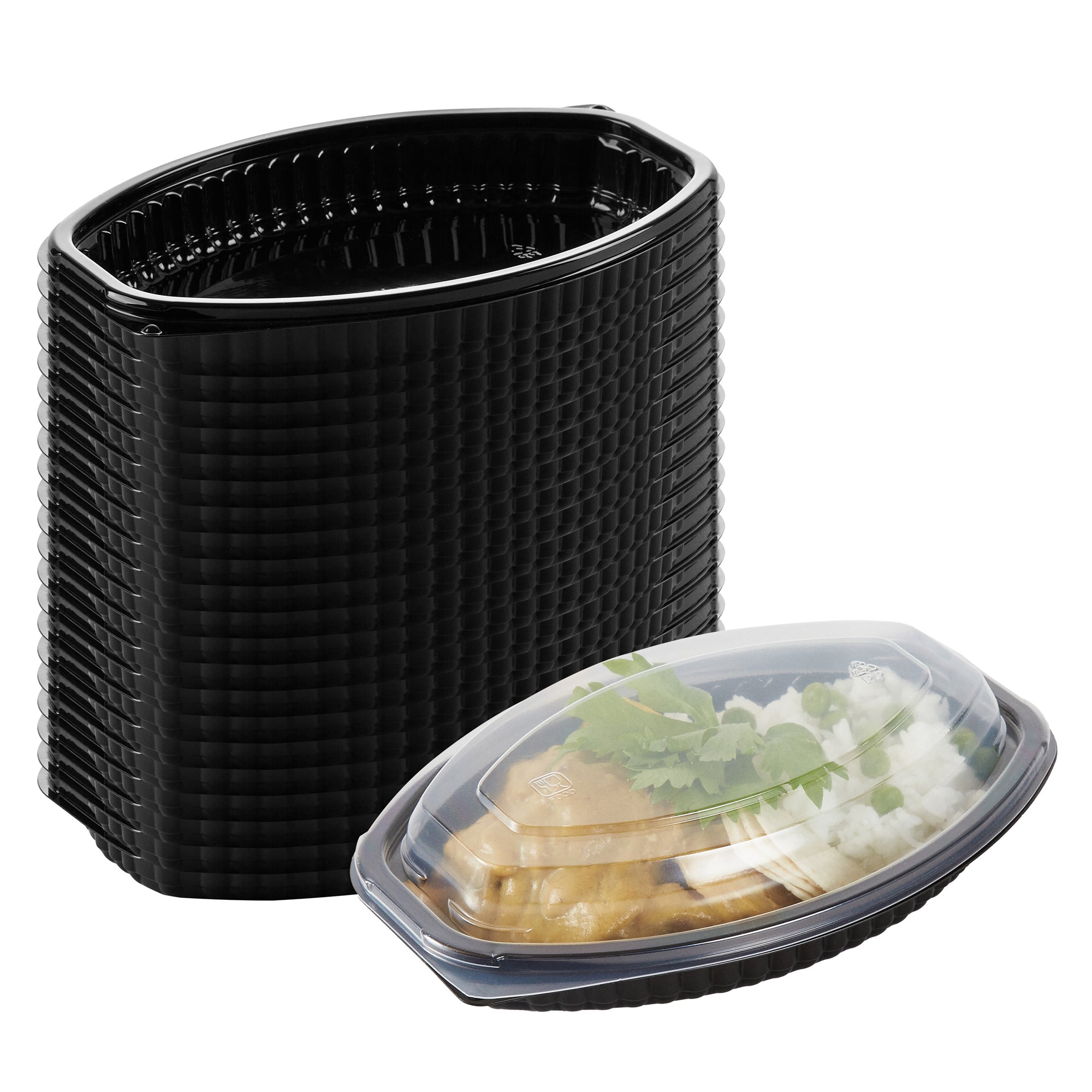 RW Base 12 oz Oval Black Plastic Food Container - with Clear Lid, Microwavable - 8" x 5 1/2" x 2" - 100 count box