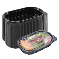 RW Base 25 oz Oval Black Plastic Food Container - with Clear Flat Lid, Microwavable - 9 1/4