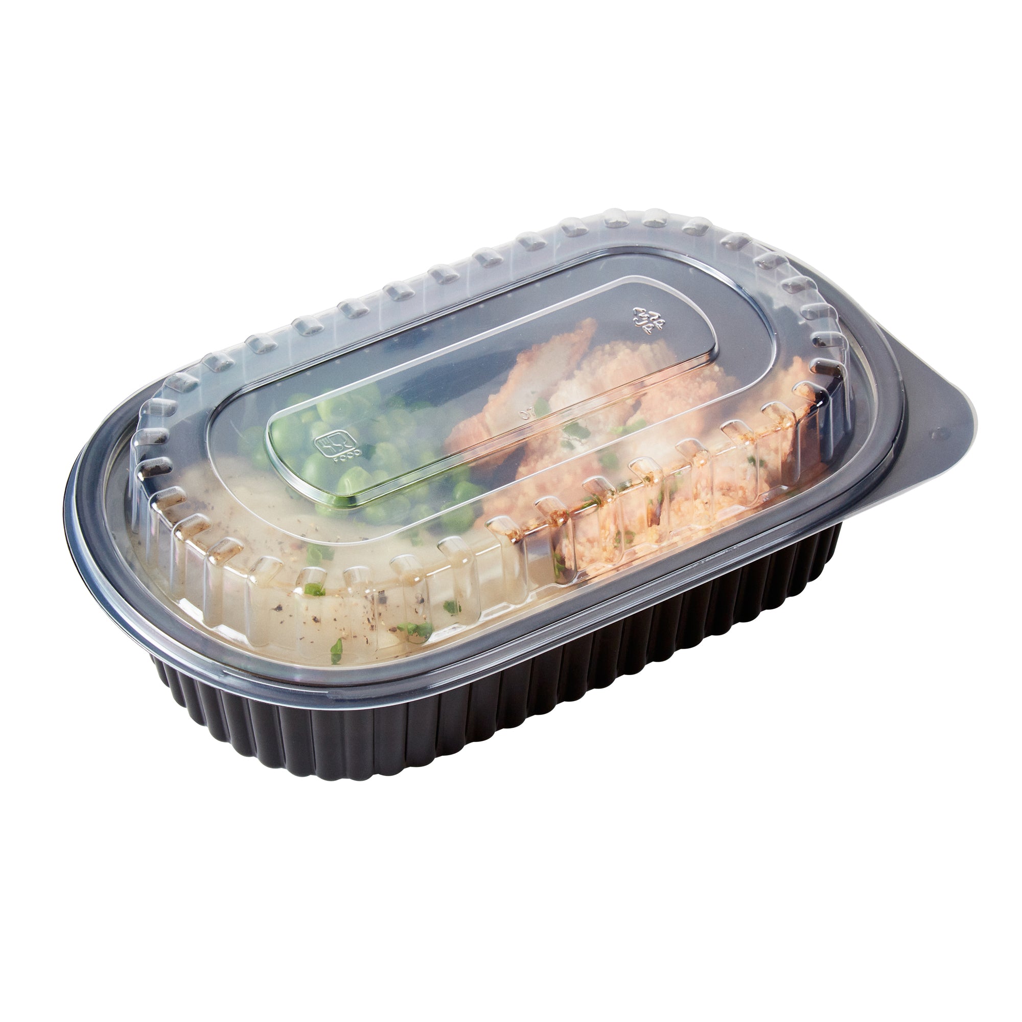 RW Base 32 oz Oval Black Plastic Food Container - with Clear Dome Lid, Microwavable - 9 1/4" x 6" x 2 1/2" - 100 count box