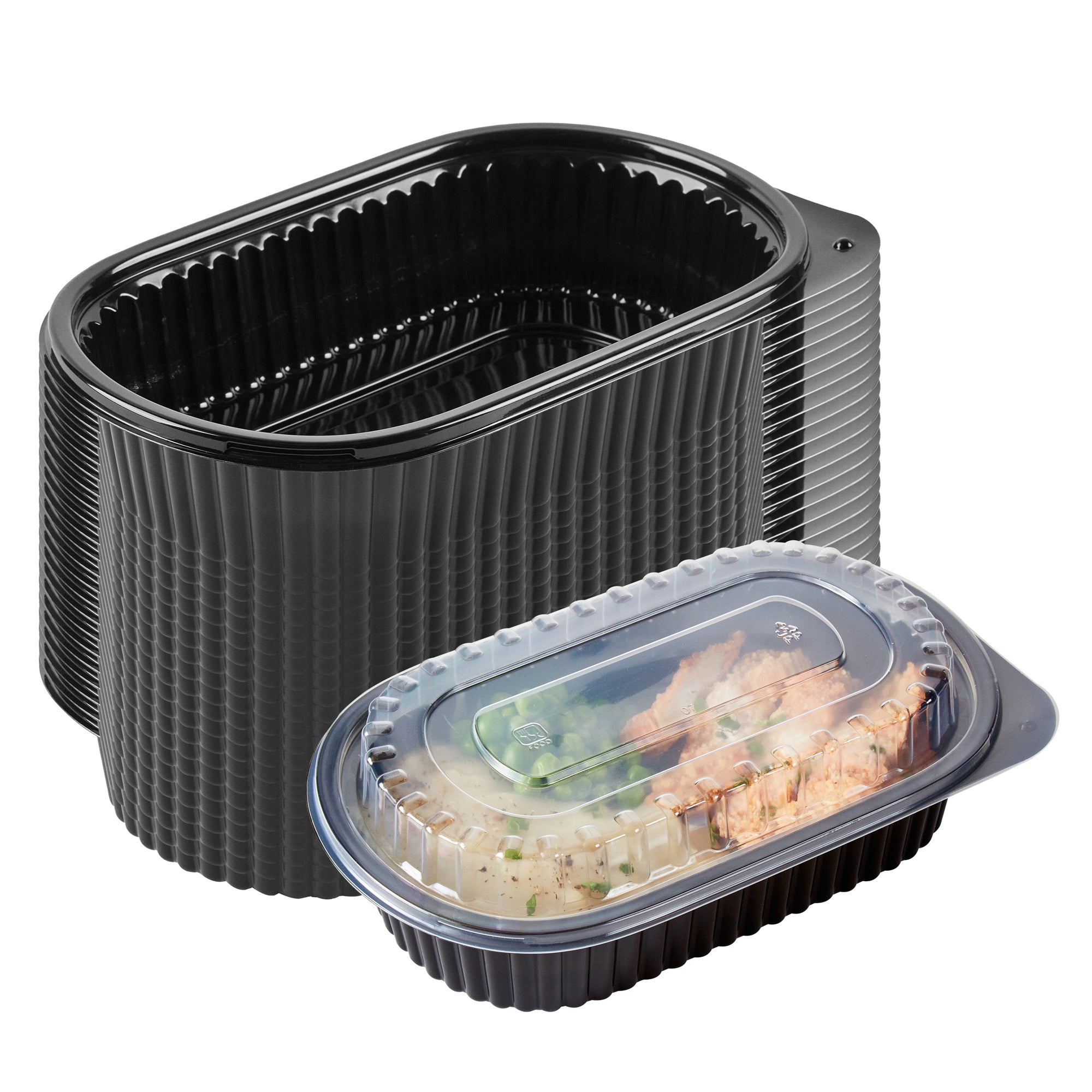 RW Base 32 oz Oval Black Plastic Food Container - with Clear Dome Lid, Microwavable - 9 1/4" x 6" x 2 1/2" - 100 count box