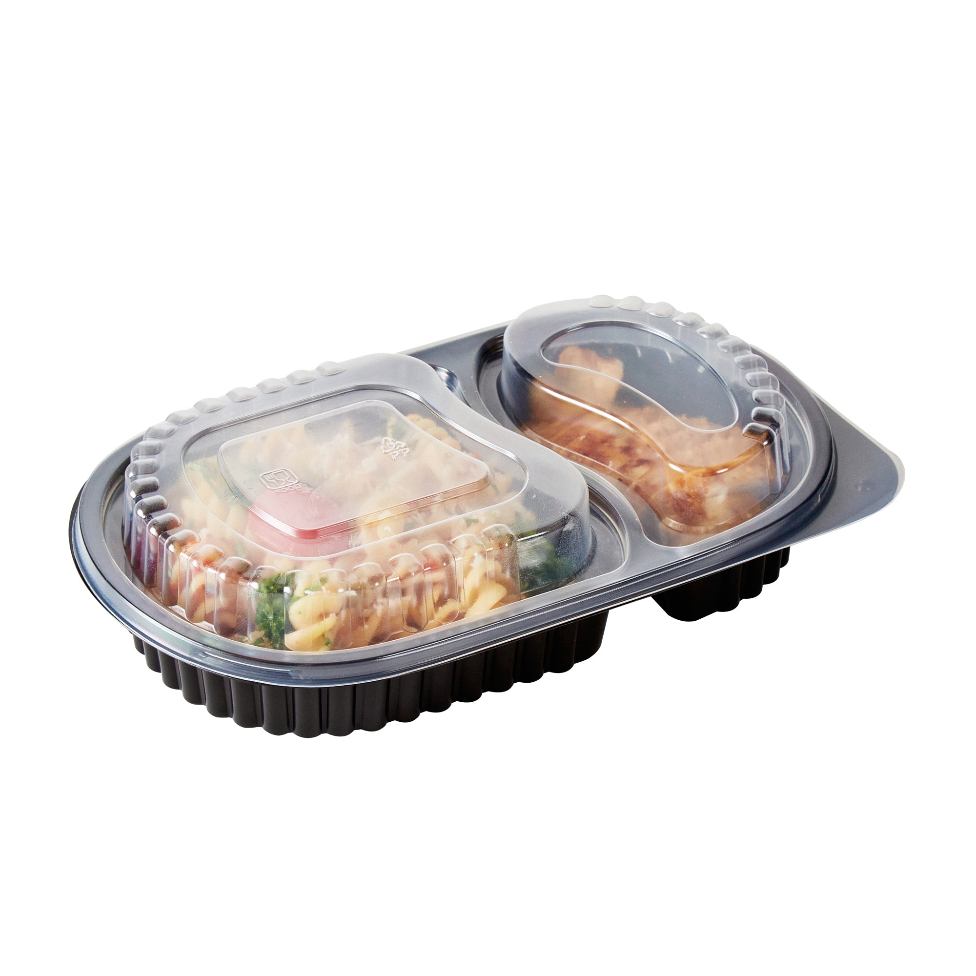 RW Base 20 oz Oval Black Plastic Food Container - with Clear Dome Lid, Microwavable - 9 1/4" x 6" x 2 1/4" - 100 count box