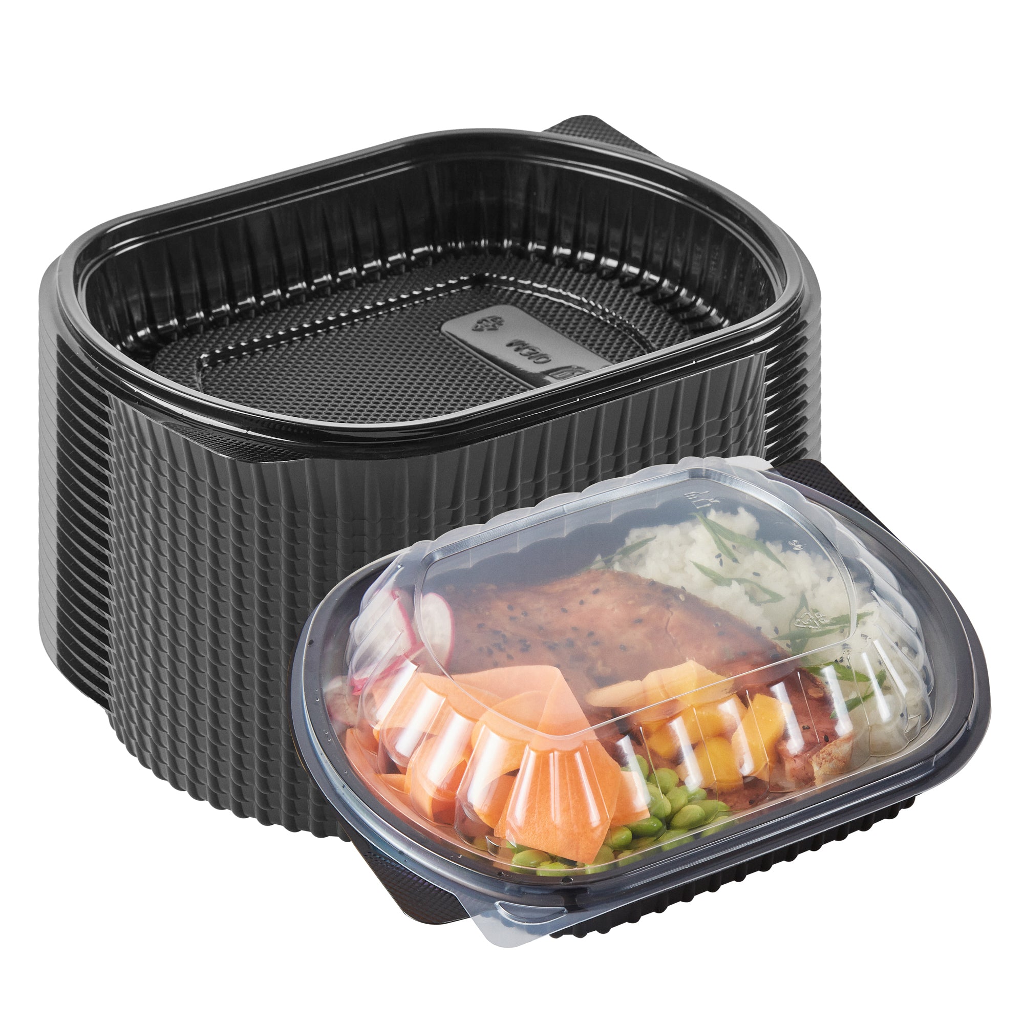 RW Base 34 oz Oval Black Plastic Food Container - with Clear Lid, Microwavable - 9 1/2" x 8" x 2 3/4" - 100 count box