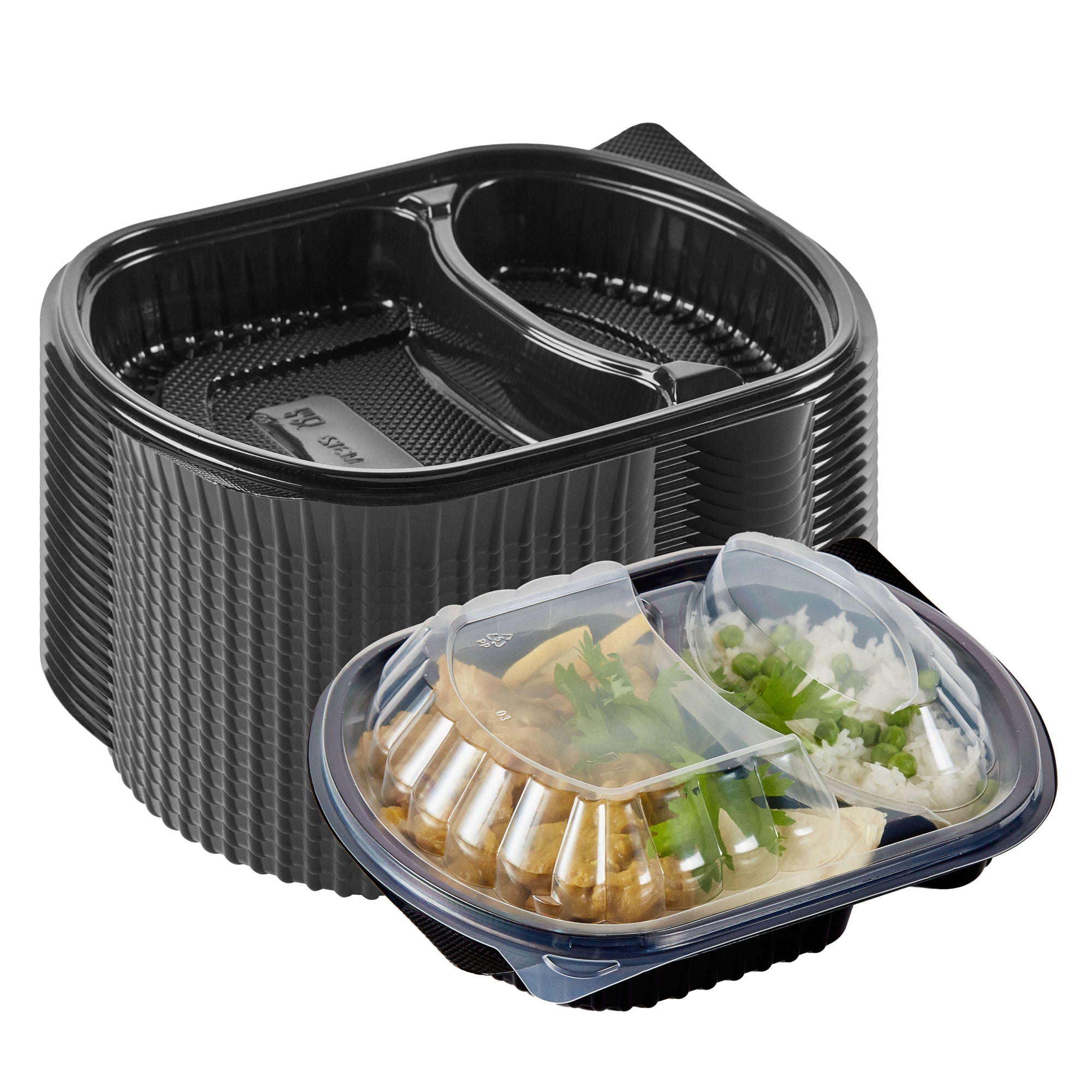 RW Base 28 oz Oval Black Plastic Food Container - with Clear Lid, 2 Compartments, Microwavable - 9 1/2" x 8" x 2 3/4" - 100 count box