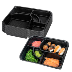 Bento Tek 26 oz Rectangle Black Plastic Bento Box - 5 Compartments - 10 1/2