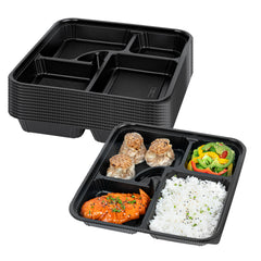 Bento Tek 40 oz Square Black Plastic Bento Box - 5 Compartments, Microwavable - 10 1/2