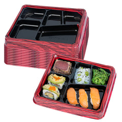 Bento Tek 18 oz Rectangle Red and Black Plastic Bento Box - 5 Compartments - 9 1/4