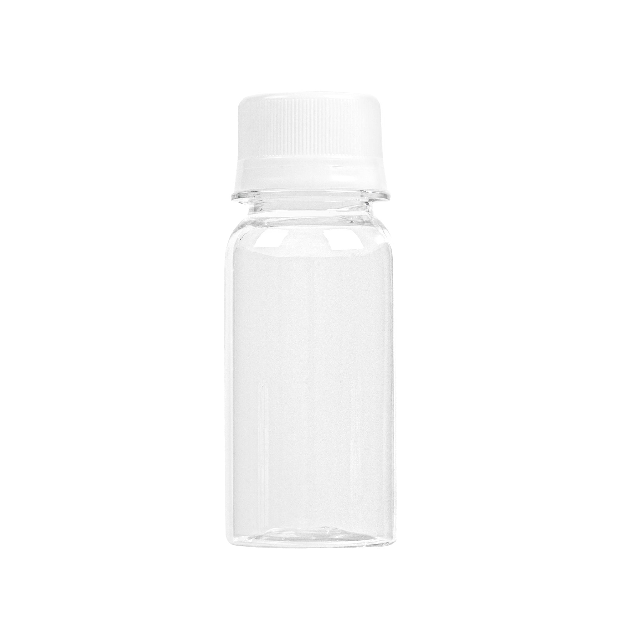 Bottle Tek 2 oz Clear Plastic Energy Shot Bottle - with Safety Cap - 1 1/2" x 1 1/2" x 3 3/4" - 100 count box