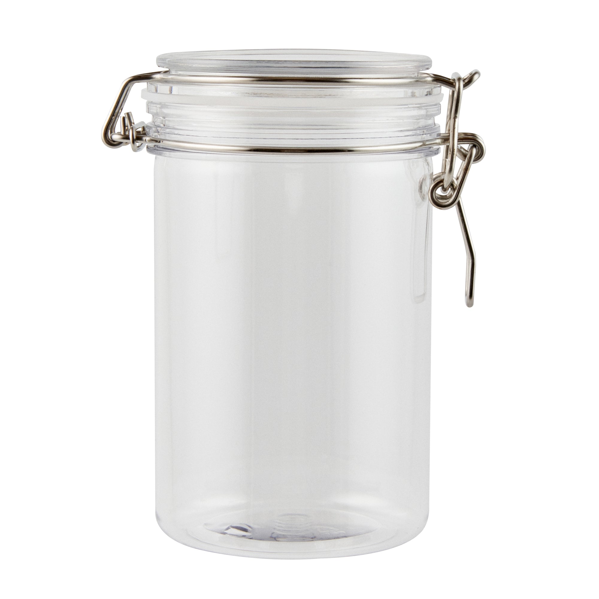 Met Lux 24 oz Round Clear Plastic Storage Jar - with Hinged Lid - 3 1/2" x 3 1/2" x 6" - 20 count box