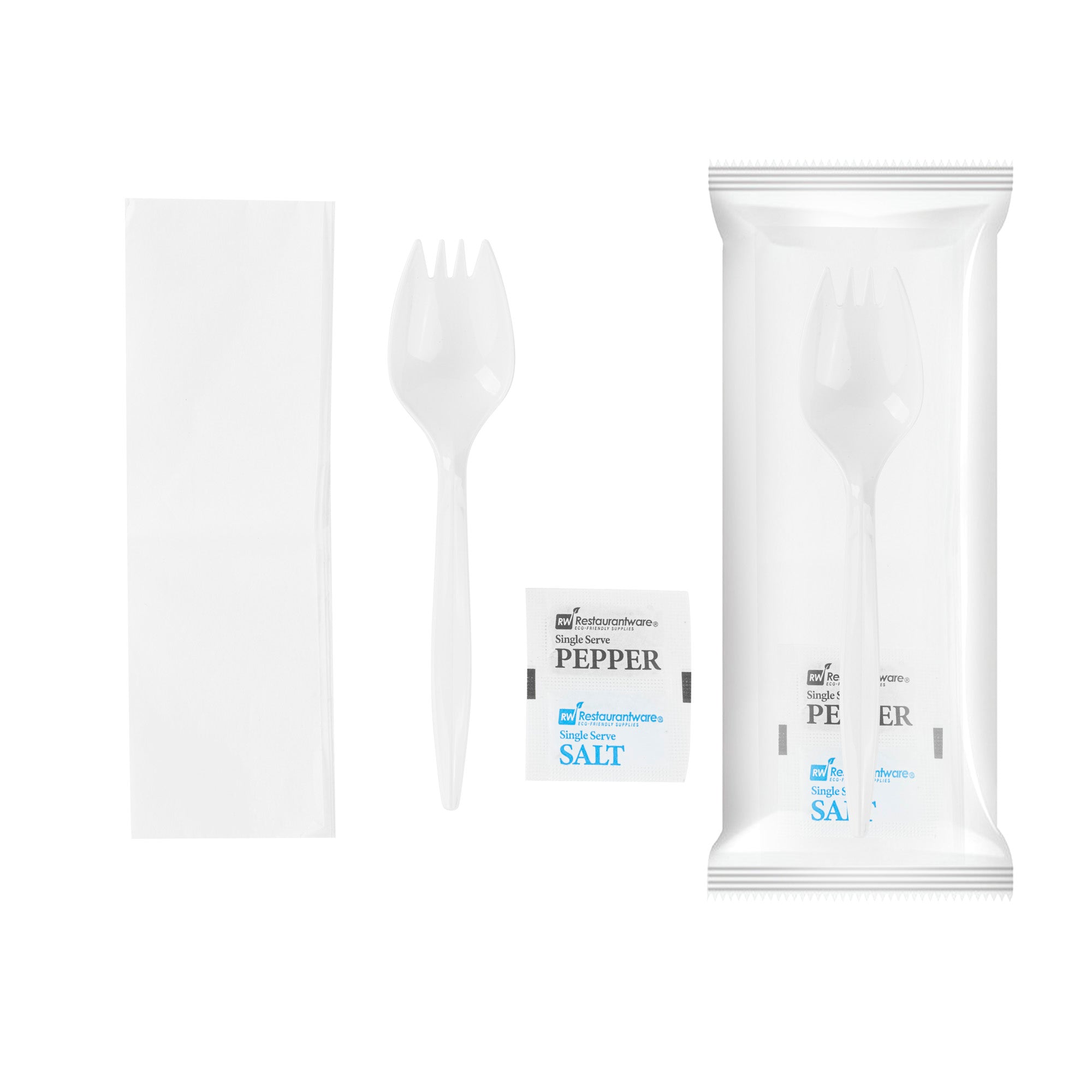 RW Base White Plastic Spork - with Napkin and Salt / Pepper Packets, Medium Weight, Wrapped - 5 1/4" - 500 count box