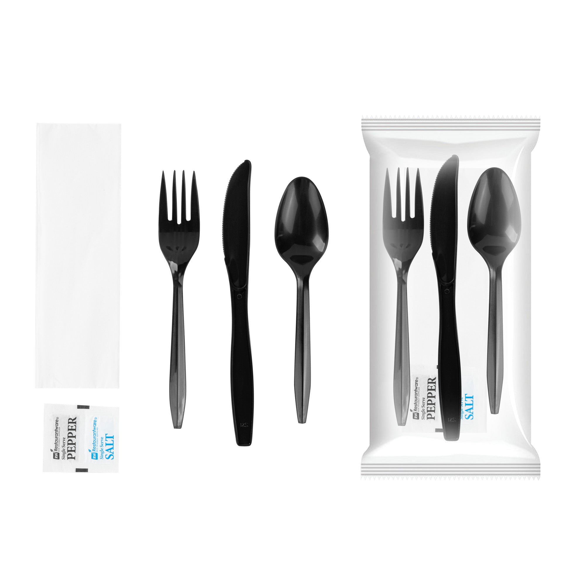 RW Base Black Plastic Cutlery Set - with Napkin and Salt / Pepper Packets, Medium Weight, Wrapped - 6 1/2" - 500 count box