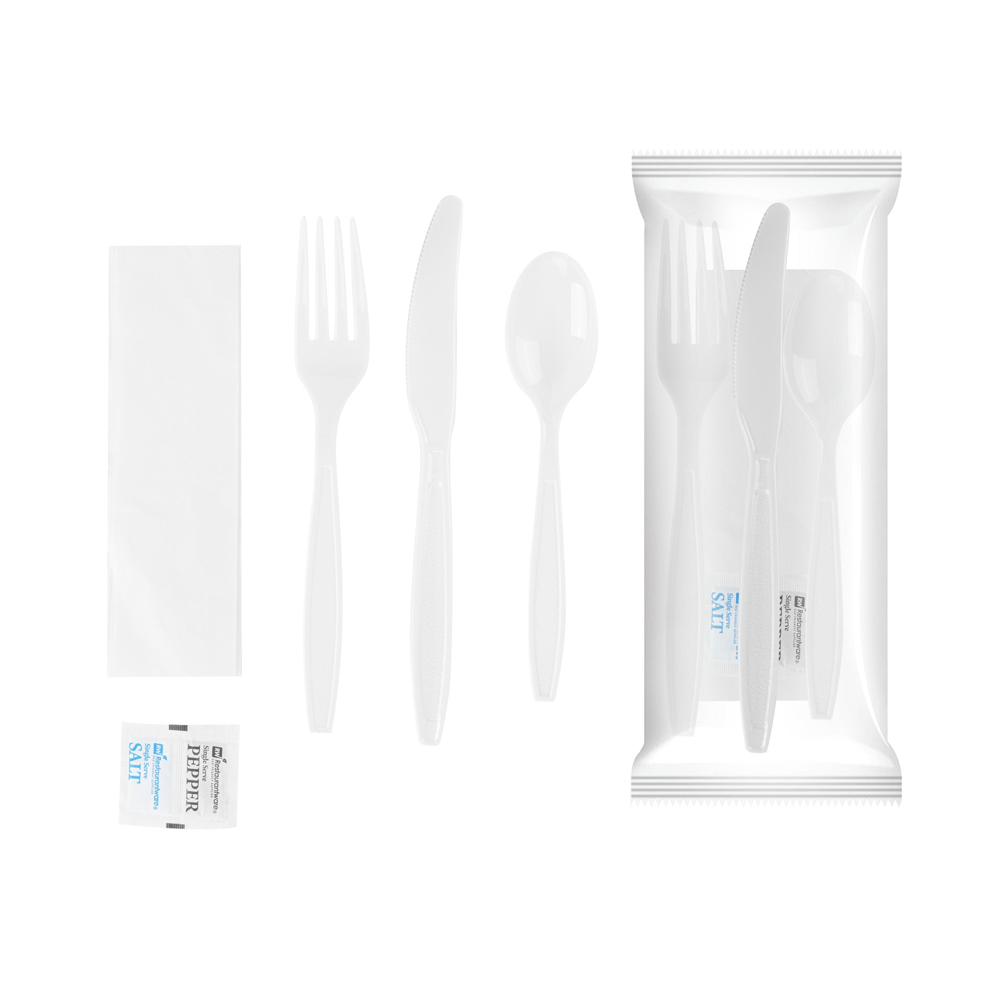 RW Base White Plastic Cutlery Set - with Napkin and Salt / Pepper Packets, Extra Heavy Weight, Wrapped - 7 1/2" - 500 count box