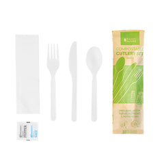 Basic Nature White PLA Plastic Cutlery Set - with Napkin and Salt / Pepper Packets, Wrapped, Compostable - 6 1/4