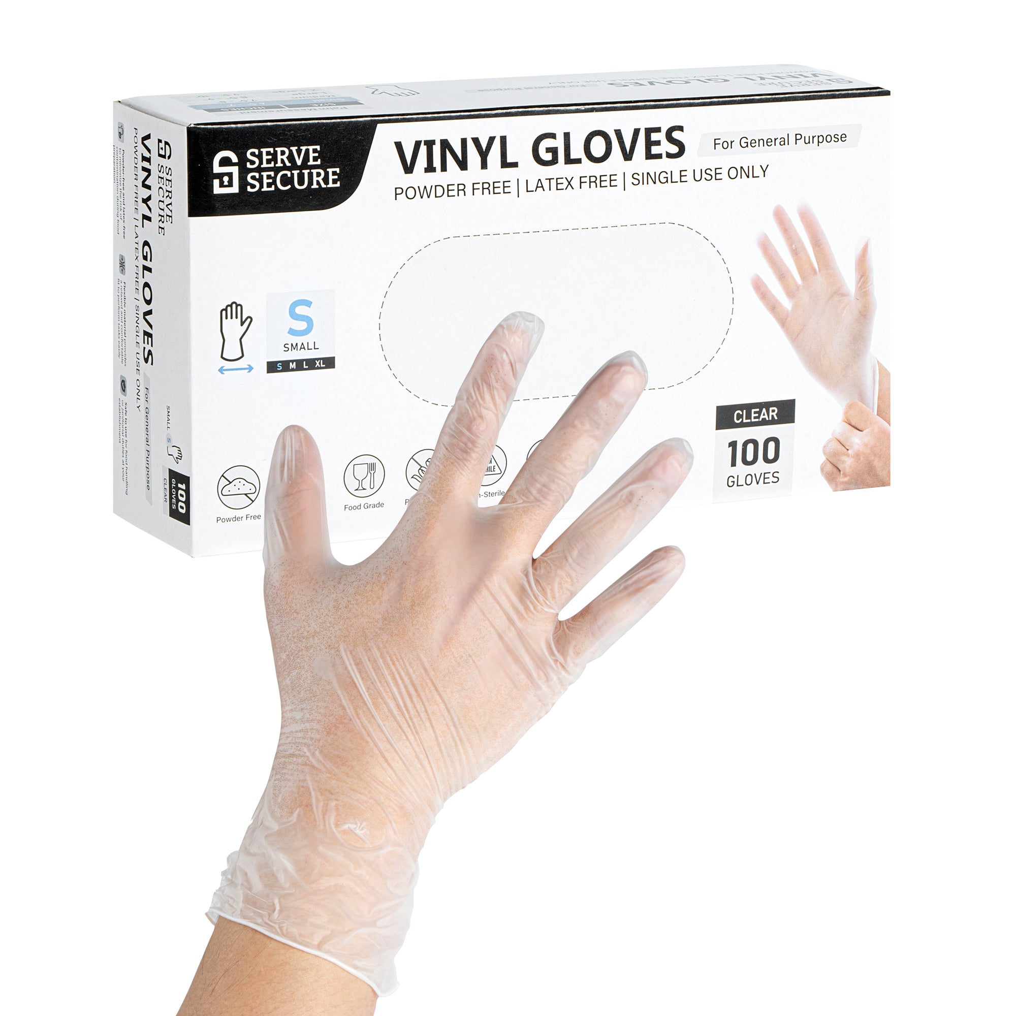 Serve Secure Clear Small Vinyl Gloves - Powder-Free, Latex-Free - 9" x 3 1/4" - 1000 count box