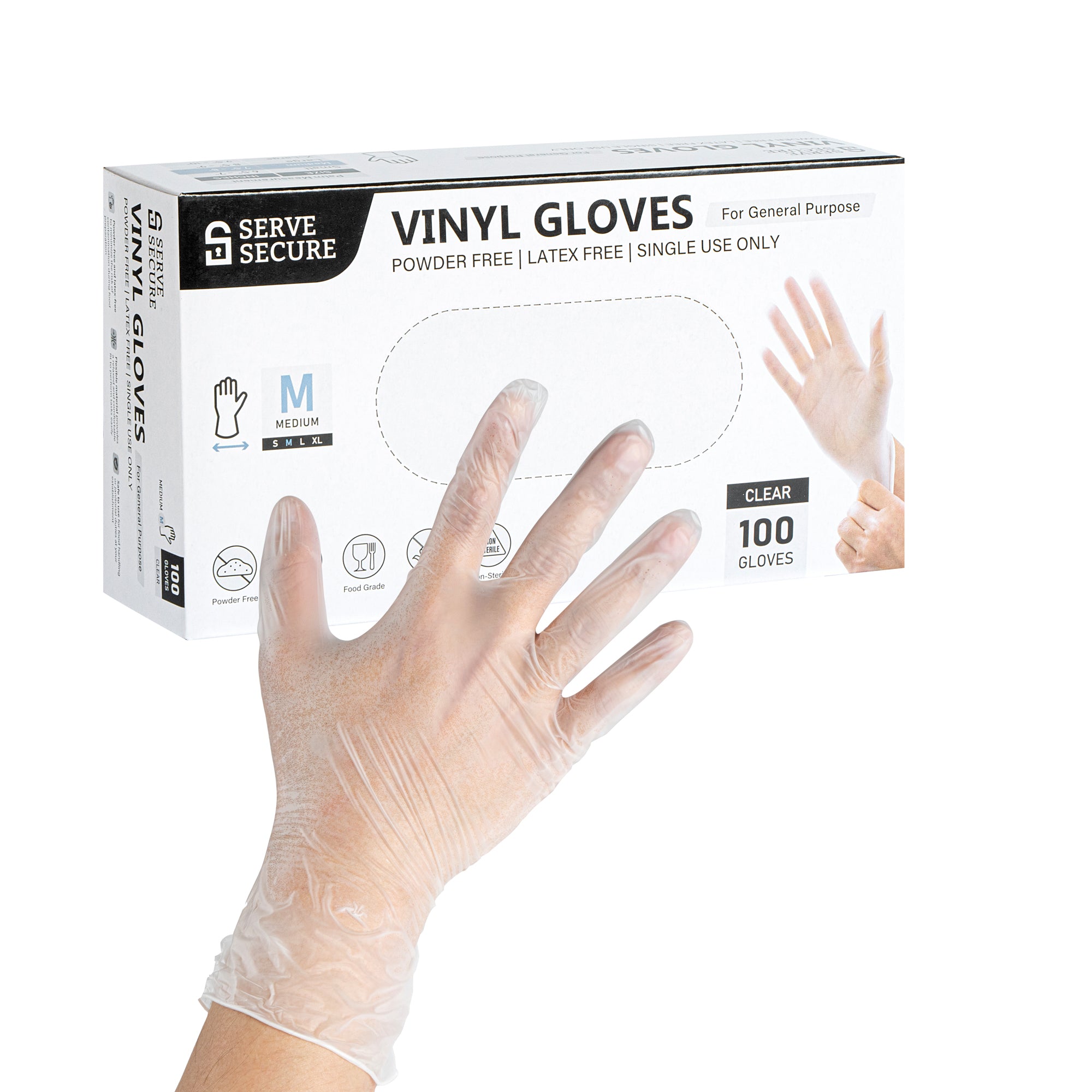 Serve Secure Clear Medium Vinyl Gloves - Powder-Free, Latex-Free - 9" x 3 3/4" - 1000 count box