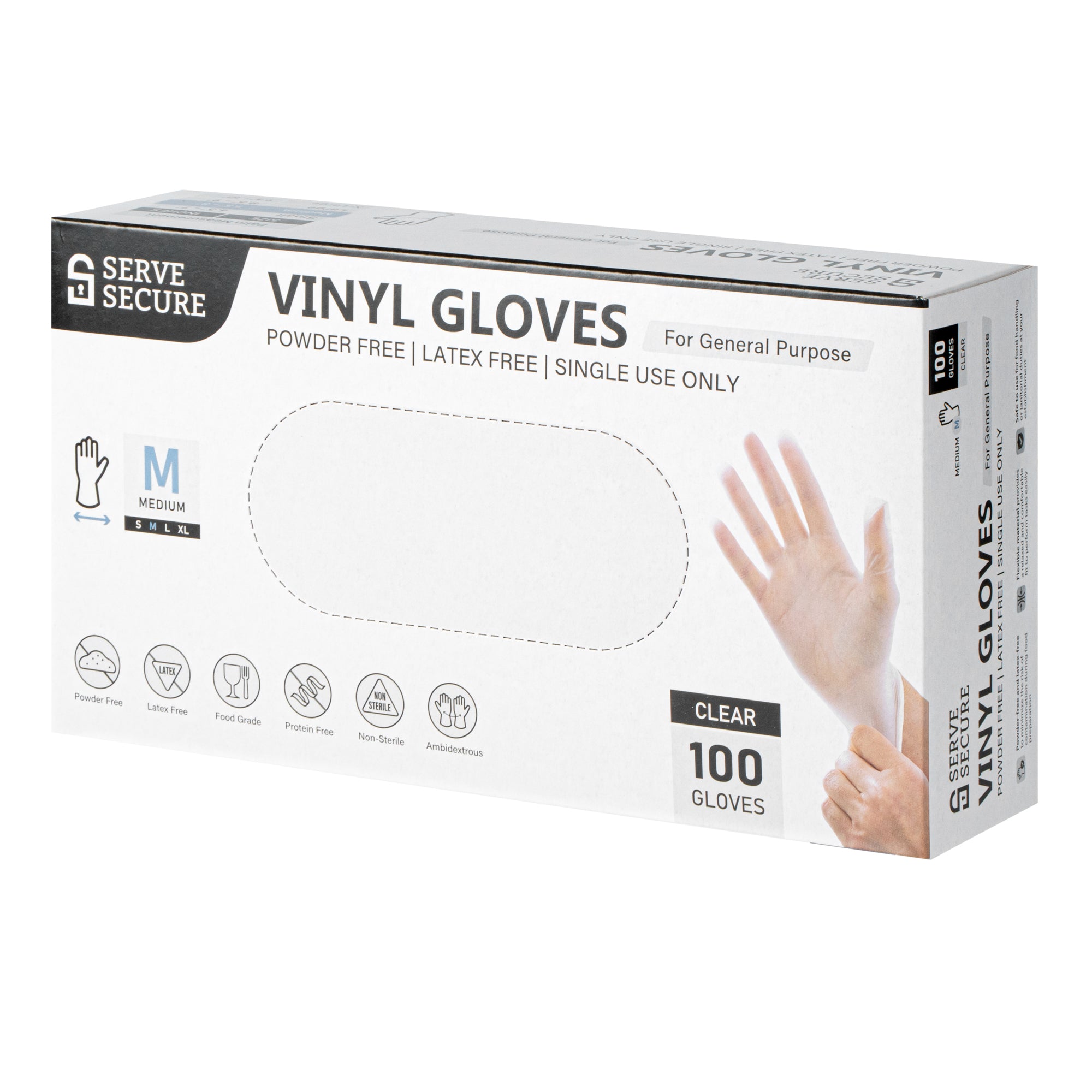 Serve Secure Clear Medium Vinyl Gloves - Powder-Free, Latex-Free - 9" x 3 3/4" - 1000 count box